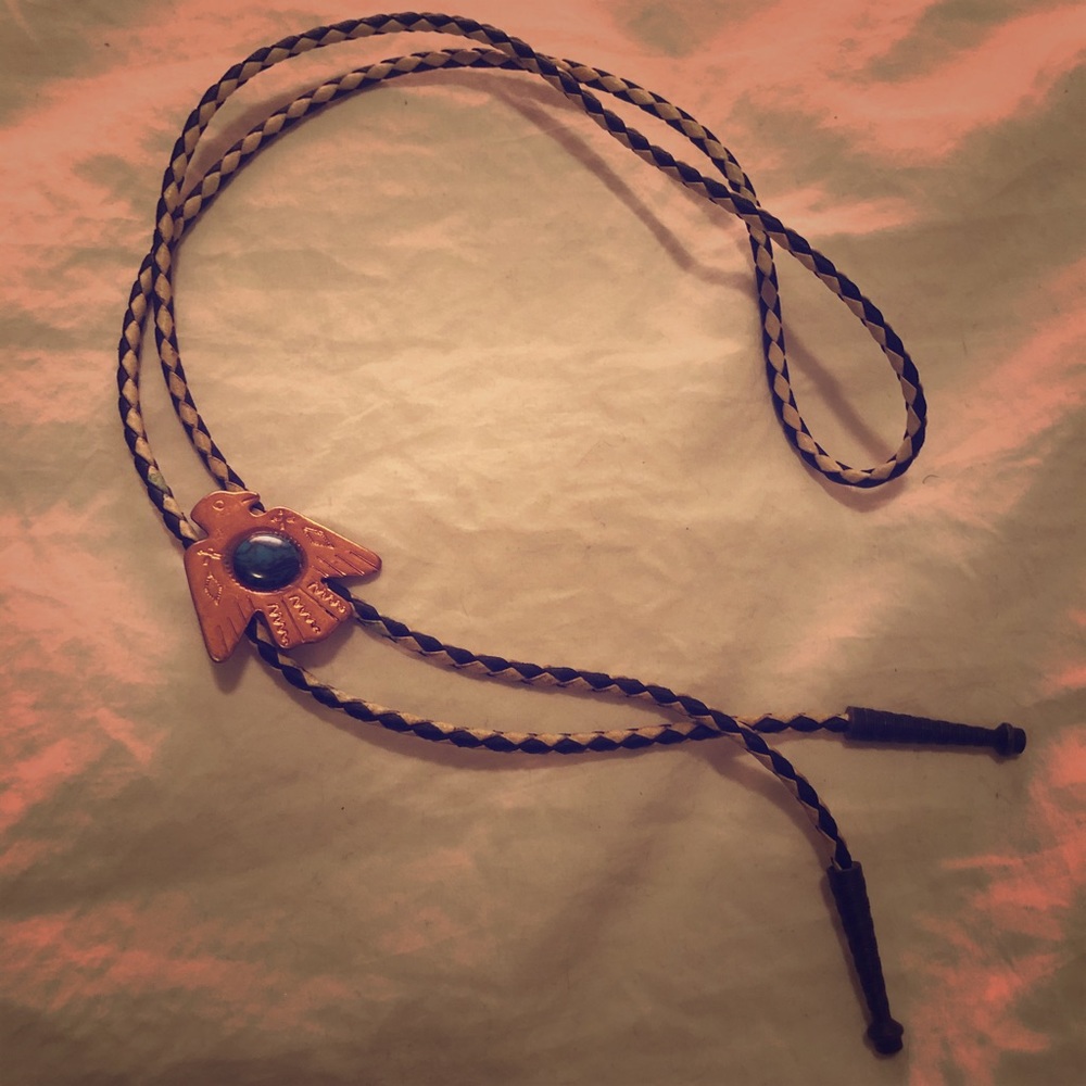 Vintage Bolo Tie | White Black Leather Metal Eagle